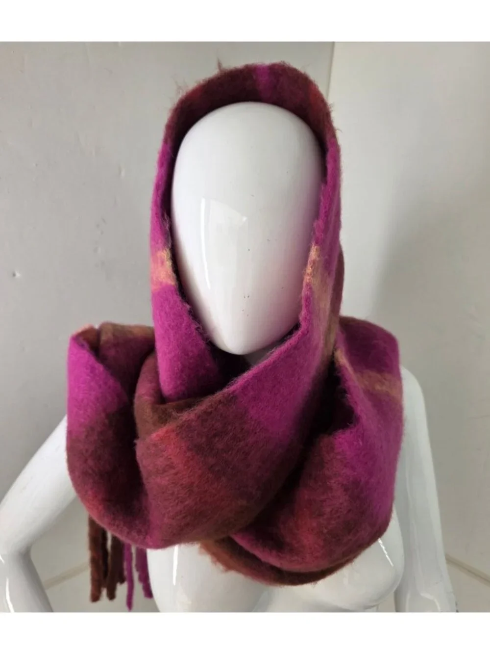 Urban Outfitters Plaid Blanket Scarf Wrap Pink Burgundy Brown Fringe Oversized